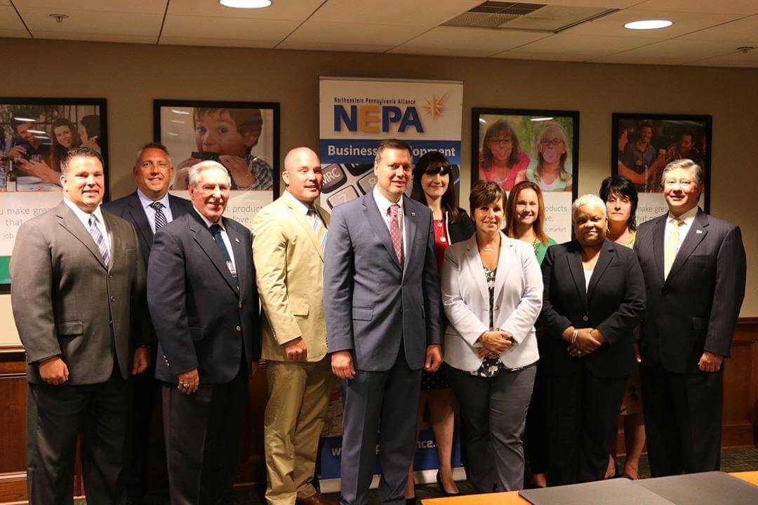 Pictured from left: Kurt Bauman, NEPA Alliance; Larry West, Senator John Blake's Office; Jack McNulty, Pennsylvania Department of Labor & Industry; State Representative Marty Flynn; Tim Thomas, Appalachian Regional Commission (ARC); Aimee Wechsler, Senator Bob Casey's Office; Sheri Collins, Department of Community & Economic Development (DCED); Brenda Sacco, Lackawanna County; Lauren Atwell-Bass, Department of Community & Economic Development (DCED); Sandi Opshinsky, Lackawanna County; and Jeffrey Box, NEPA Alliance.