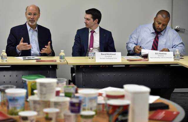 Gov. Tom speaks during discussion at Greiner Packaging in Pittston on Wednesday afternoon.