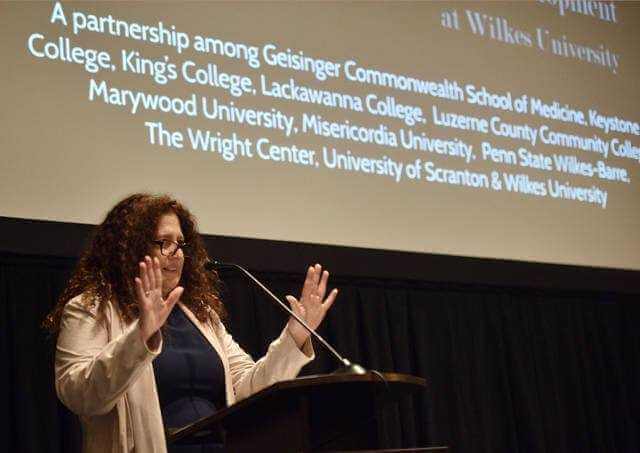 Teri Ooms, Executive Director of The Institute for Public Policy and Economic Development, speaks at the Lackawanna and Luzerne Regional Indicators Forum on Thursday Morning at the Mohegan Sun Pocono.