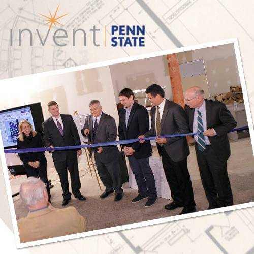 From left to right: Penn State Vice President for Commonwealth Campuses Madlyn Hanes; Pennsylvania state Sen. John Yudichak; Penn State President Eric Barron; eBay Enterprises CEO Michael Jones; Greater Wilkes-Barre Chamber of Commerce President and CEO Wico van Genderen; and Penn State Vice President for Research Neil Sharkey cut the ribbon to dedicate the Innovation Squared Project Wilkes-Barre, a component of the Invent Penn State initiative.