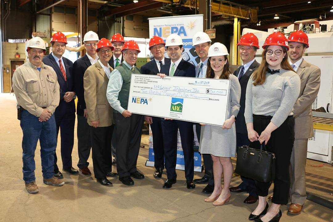 Pictured from left: John Wallo, McGregor Industries, Inc.; Mark Bennett, People's Security Bank & Trust; Joe Murray, McGregor Industries, Inc.; Eric Esoda, Northeastern Pennsylvania Industrial Resource Center; Phil Condron, Condron Media; Jack McNulty, PA Department of Labor & Industry; Senator John Blake; Representative Kyle Mullins; Bob McGregor, McGregor Industries, Inc.; Grace McGregor Kramer, McGregor Industries, Inc.; Jeffery Box, Northeastern Pennsylvania Alliance; Jennifer Manganello, Congressman Matt Cartwright's Office; and Nick DeAntonio, Northeastern Pennsylvania Industrial Resource Center.