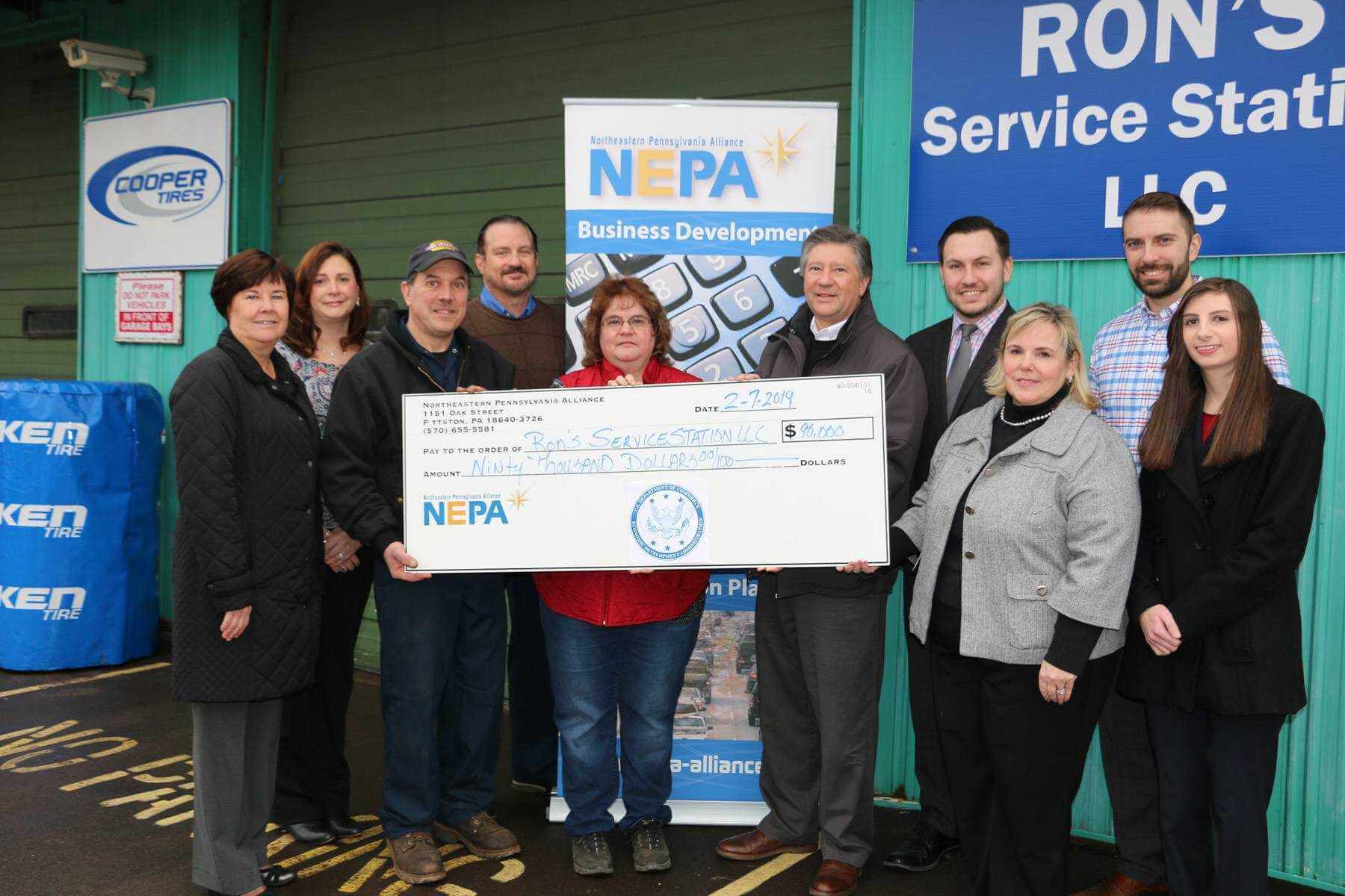 Pictured from left: Colleen Eagen Gerrity, Congressman Matt Cartwright's Office; Kristin Sassi, Wilkes University SBDC; Ron May Jr., Ron's Service Station LLC; Dave Nat, NEPA Alliance; Brenda May, Ron's Service Station LLC; Jeffrey Box, NEPA Alliance; Tom McGrath, First Keystone Community Bank; Dorothy Lane, Wilkes University SBDC; Ken Doolittle, NEPA Alliance; and Eryn Harvey, Senator John Yudichak's Office.