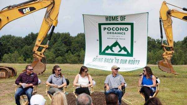 Members from Pocono Organics and the Rodale Institute speak at a news conference Friday for the groundbreaking of Pocono Organics' 50-acre farm in Long Pond, Pa. (Photo courtesy of Pocono Organics)